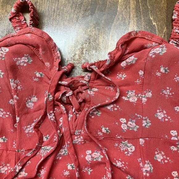 American Eagle Y2K Lace Up Floral Print Ruffle Mini Sun Dress Red Size S Cottage - Picture 12 of 12